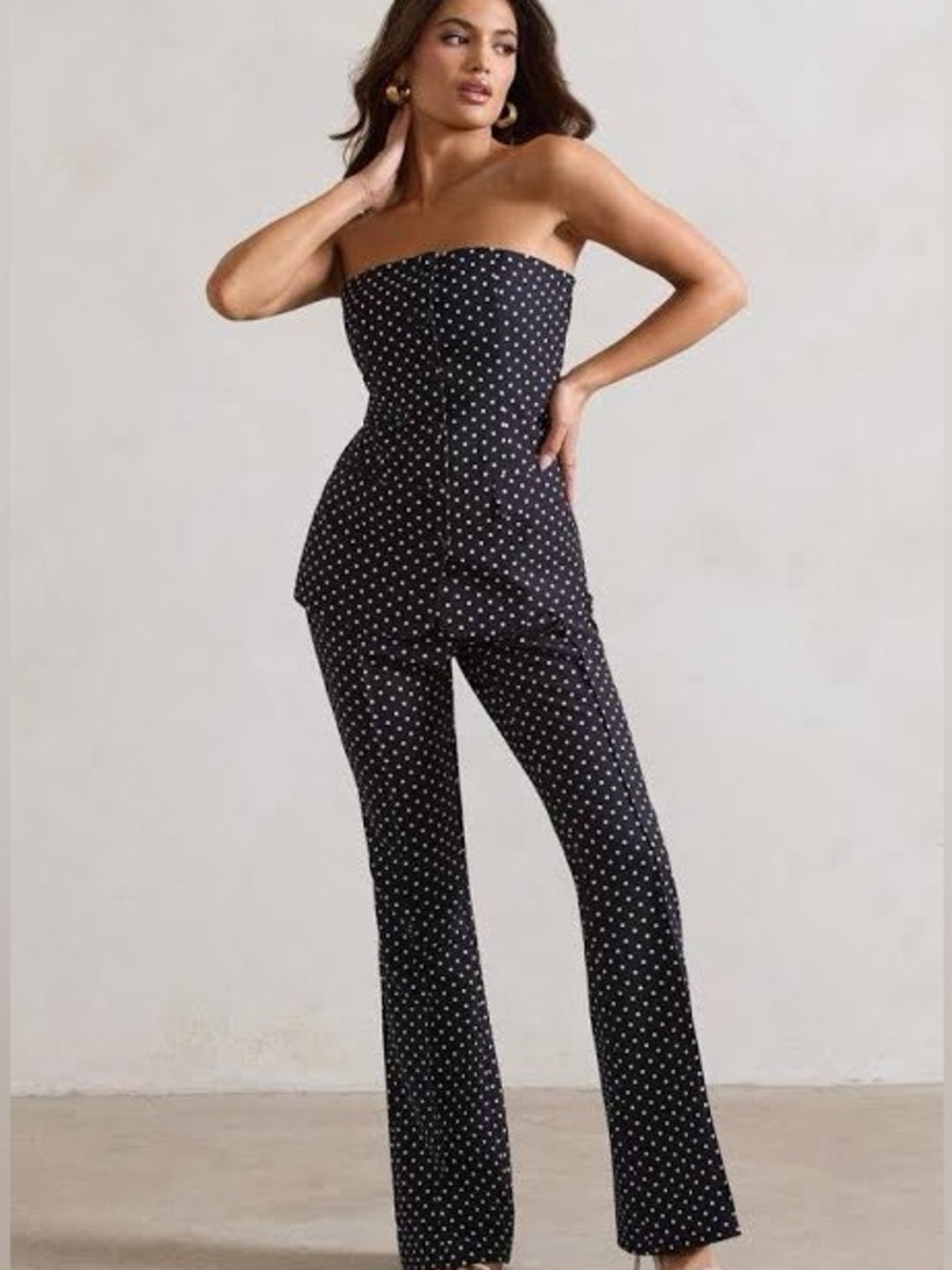 Club L London Kehlani black white polka dots strapless top pants set 2 XS *